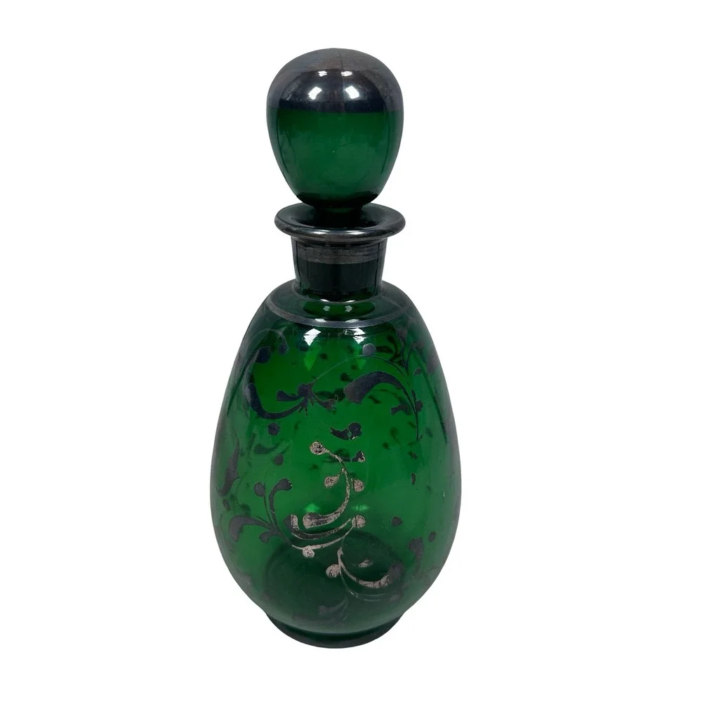 Vintage Empoli‎ Italian Emerald Green Glass Decanter Silver Overlay Floral MCM